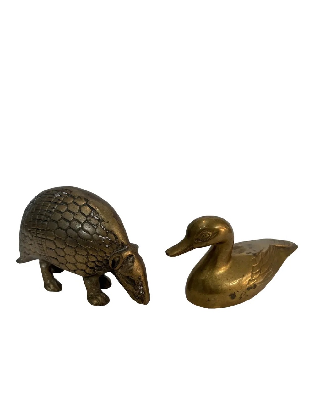 The Odd Couple- Vintage Brass Animal Figurine Set - Armadillo & Mallard Duck